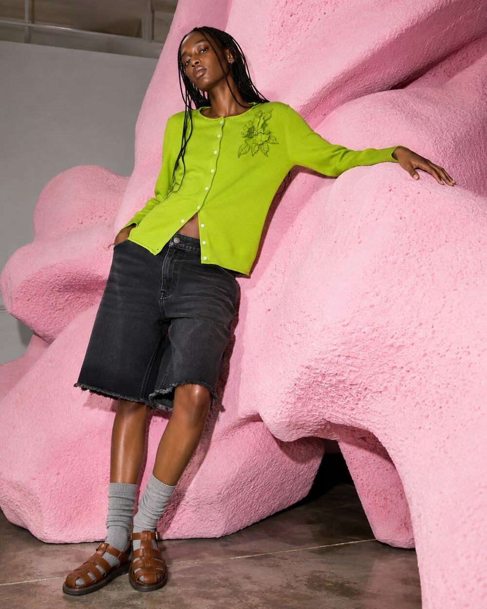 White Stag Lime Green Floral Appliqué Cardigan Sweater